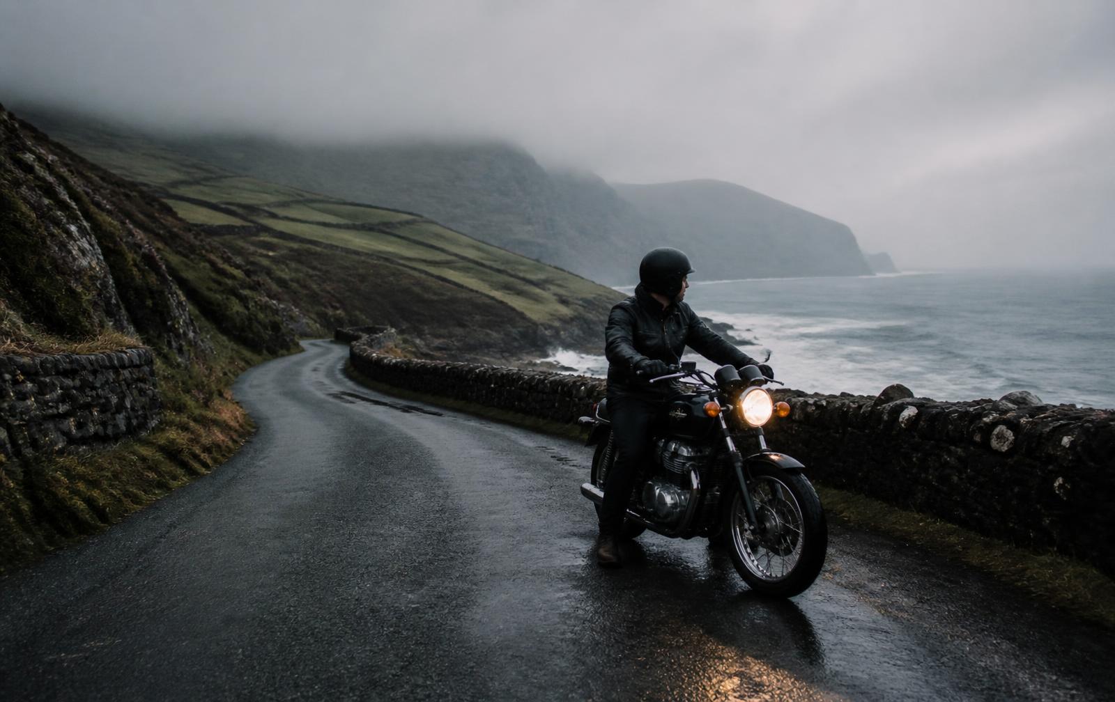 A rider on a classic motorcycle on a wet coastal road in the west of Ireland